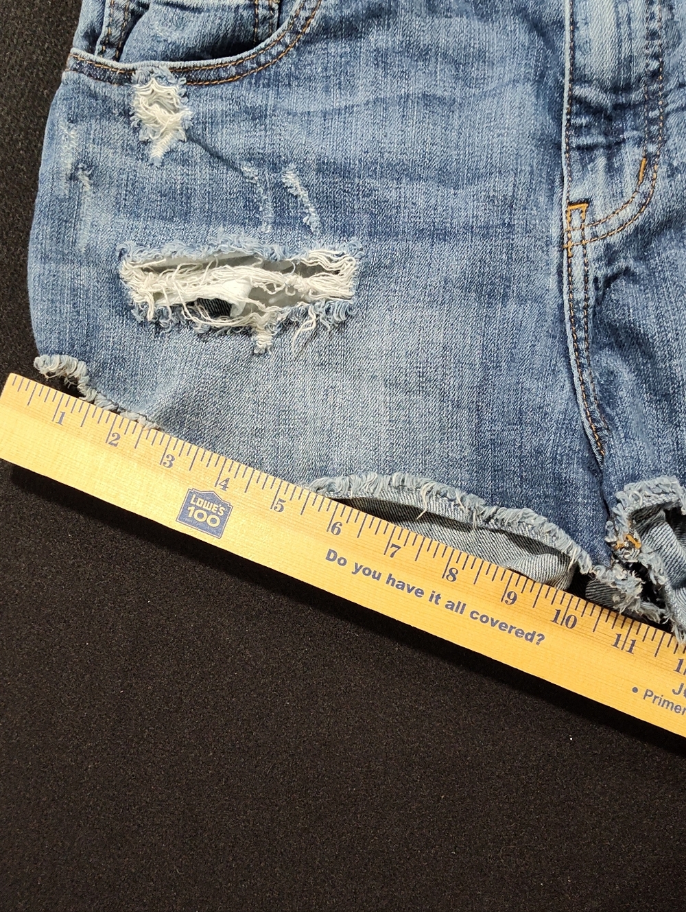 Eunina Lulu High Rise Cut Off Shortie Blue Jean Shorts, Distressed, Size M, Fun - Picture 10 of 11
